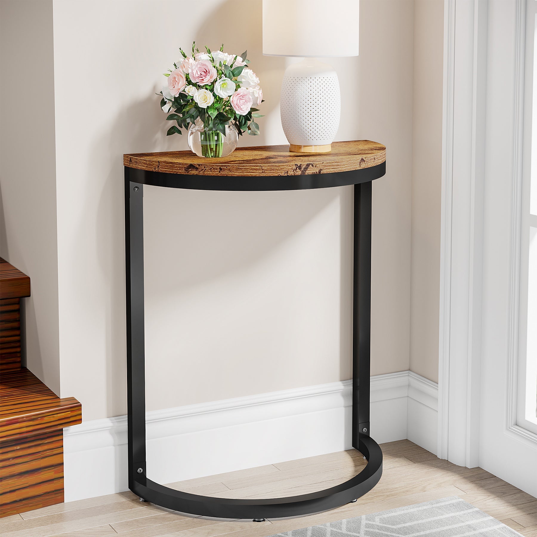 End Table, Half Round Narrow Side Table with Metal Frame Tribesigns